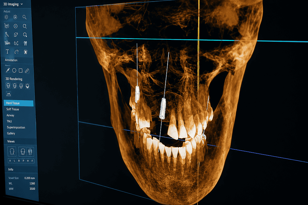 Scansione dentale 3D che mostra i dettagli dei denti e della struttura della mascella.