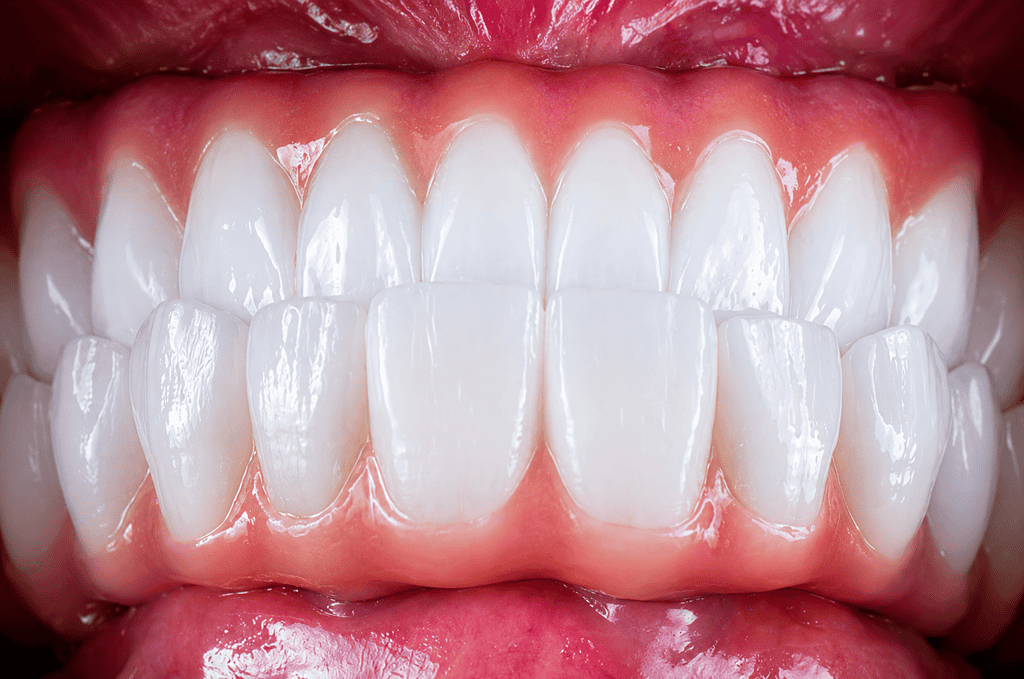 Primo piano di denti sani, bianchi e ben allineati con gengive rosa.
