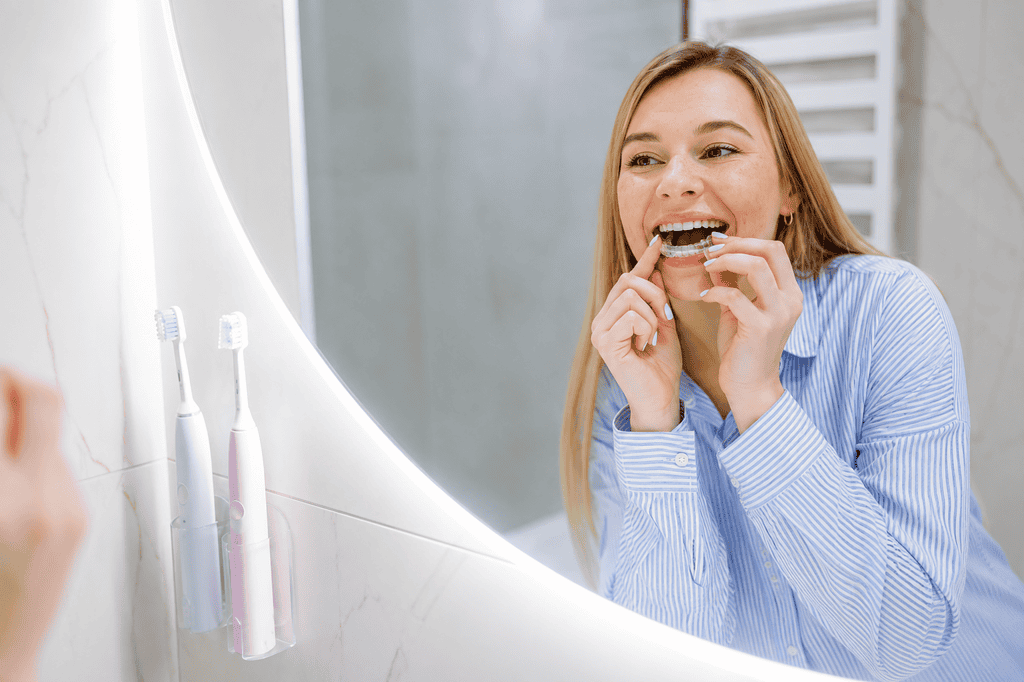 Young woman brushing her teeth in a modern bathroom with LED mirror.
