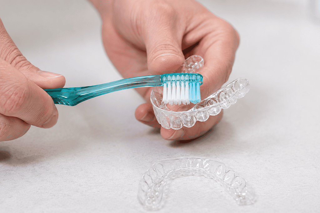 Hand brushing clear dental aligner with a toothbrush for oral care.