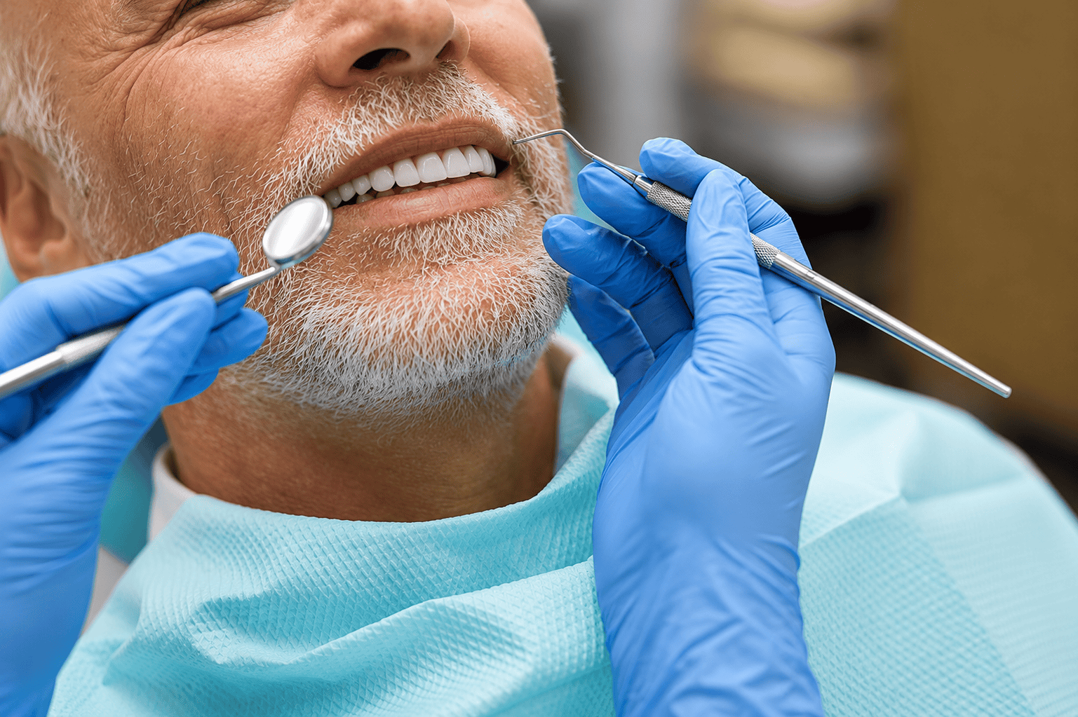 Dentist examining patient's teeth with mirror and probe in dental clinic.