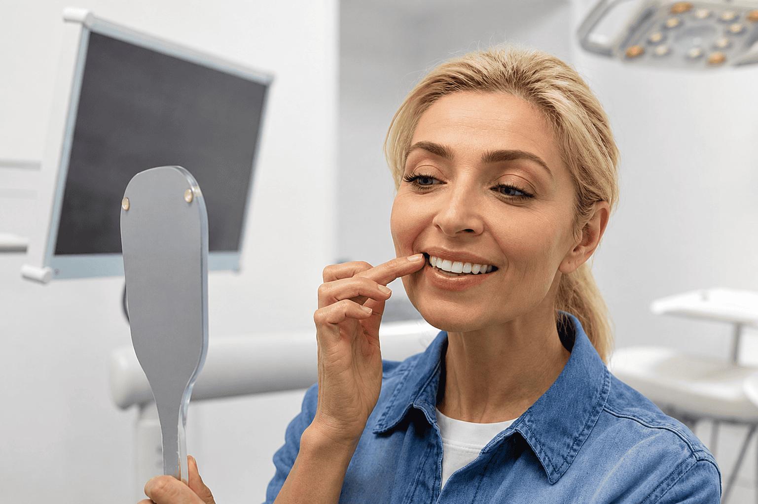 Woman examining her teeth in a dental clinic with a mirror.