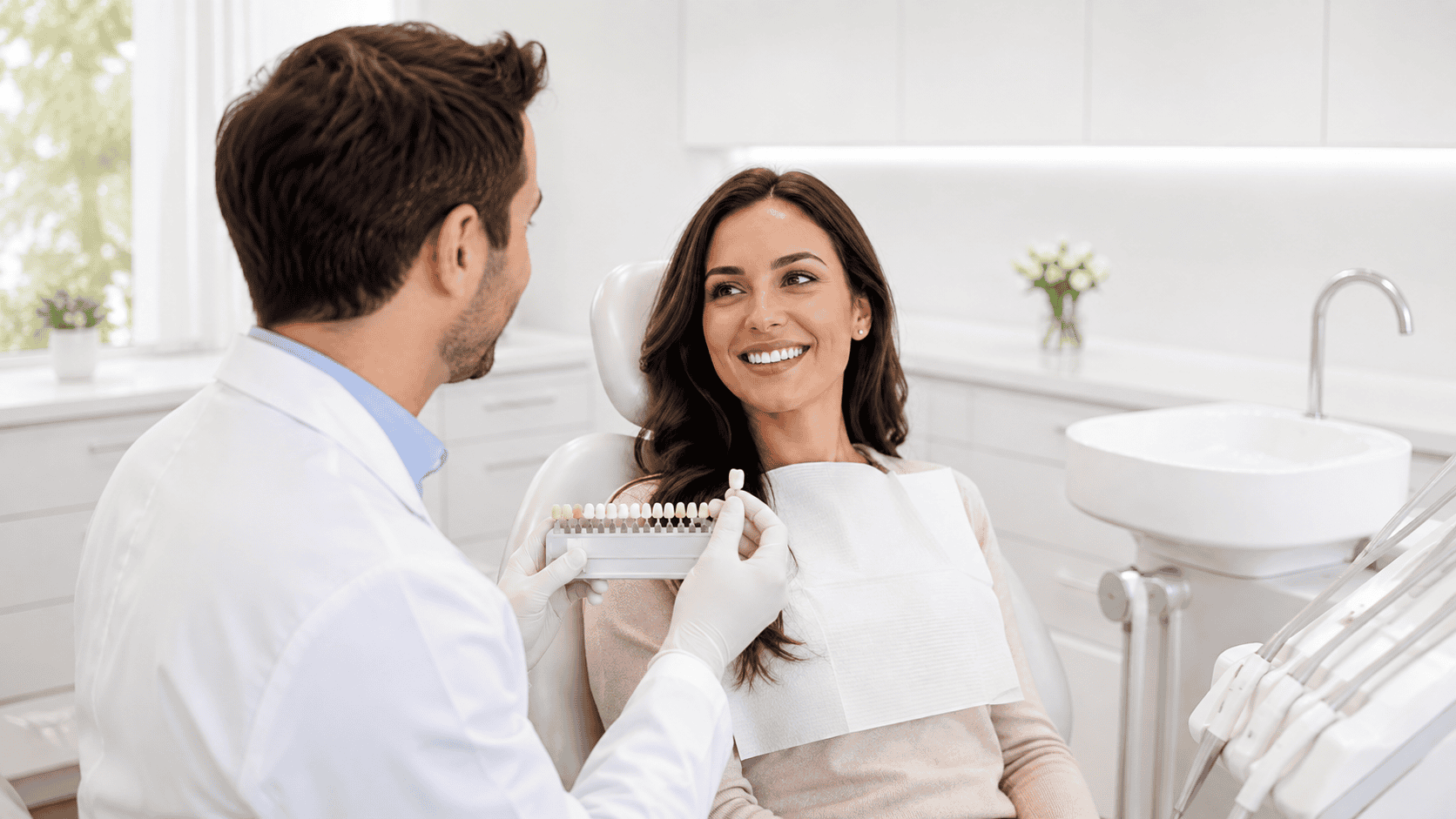 Dentist showing dental shade guide to smiling female patient in clinic.