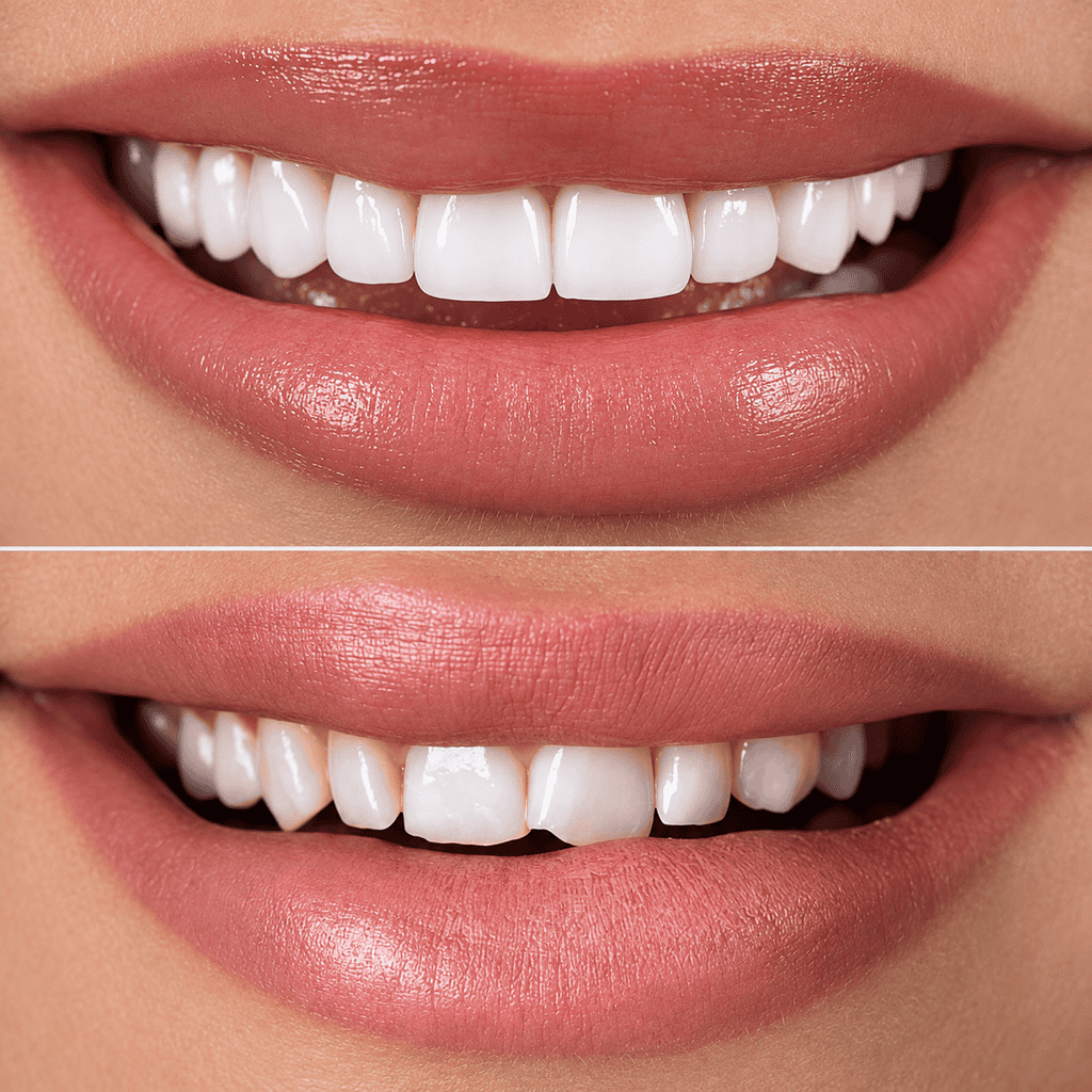 Close-up of a bright, healthy smile with white teeth and pink lips.