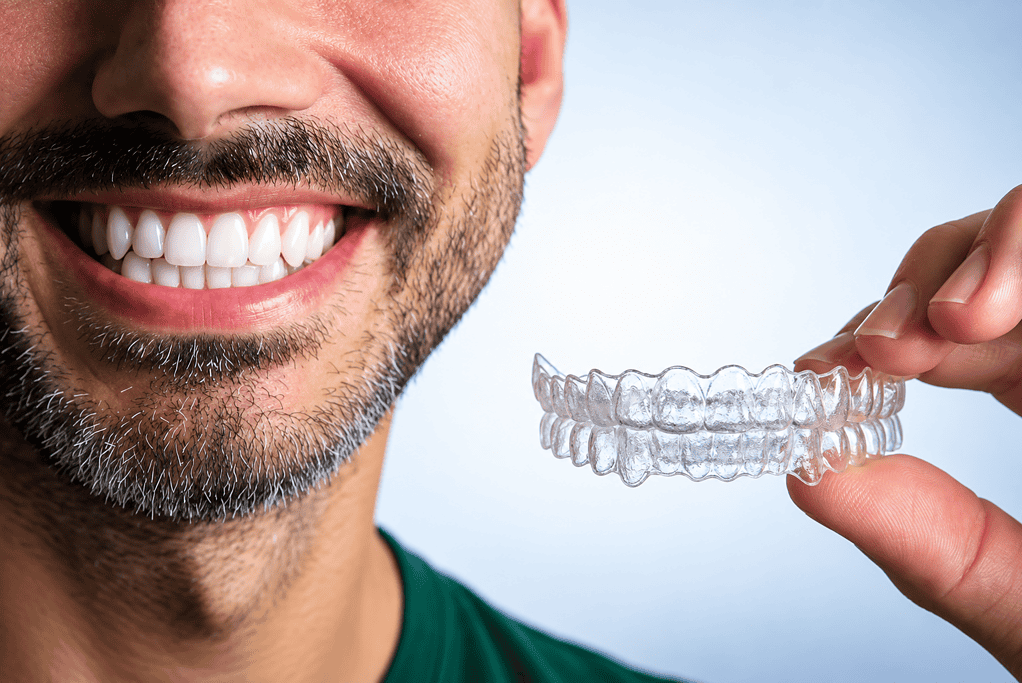 Smiling man holding clear dental aligner for teeth straightening.