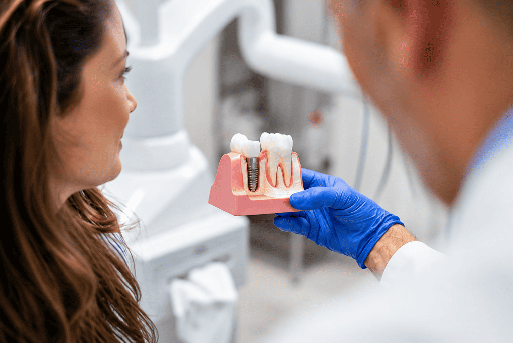 Dentist showing dental implant model to patient in clinic.