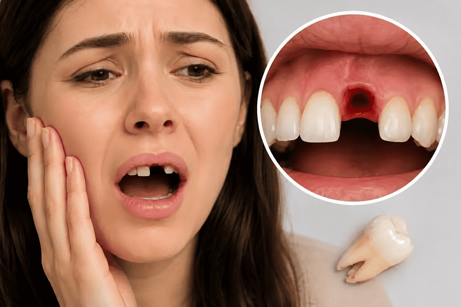 Woman with tooth pain and missing front tooth, close-up of dental issue.