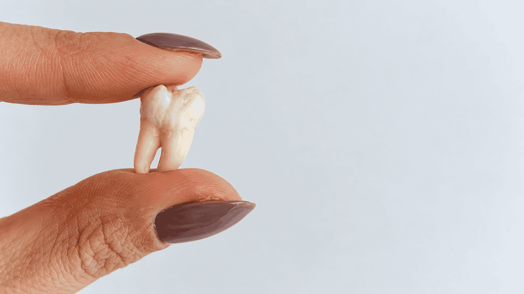 Close-up of a hand holding a small, handmade tooth-shaped item.