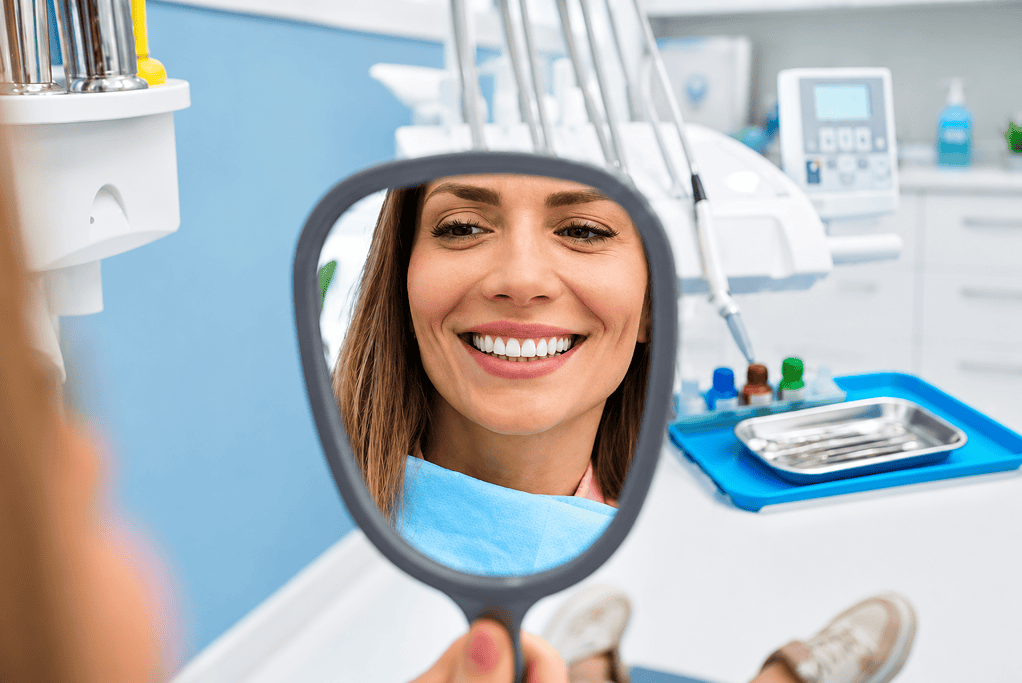 Smiling woman looking at her reflection in a dental mirror at the dentist's office.
