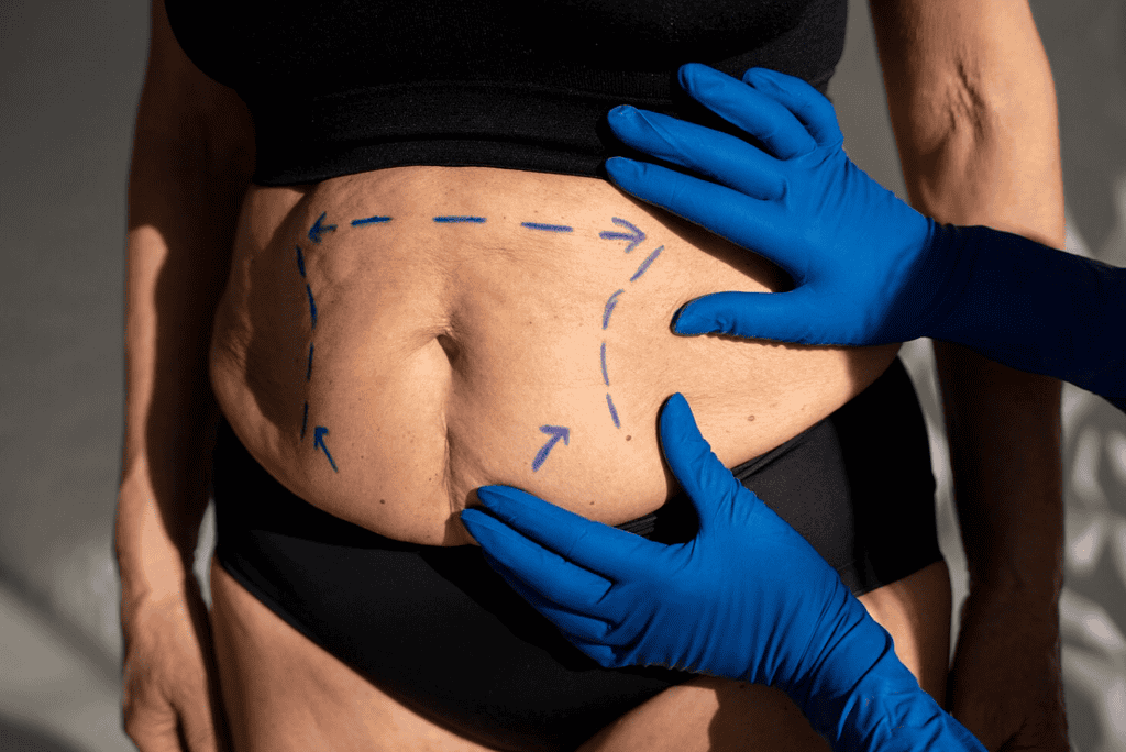 Profesionist mjekësor duke kryer liposuksion abdominal me doreza blu.