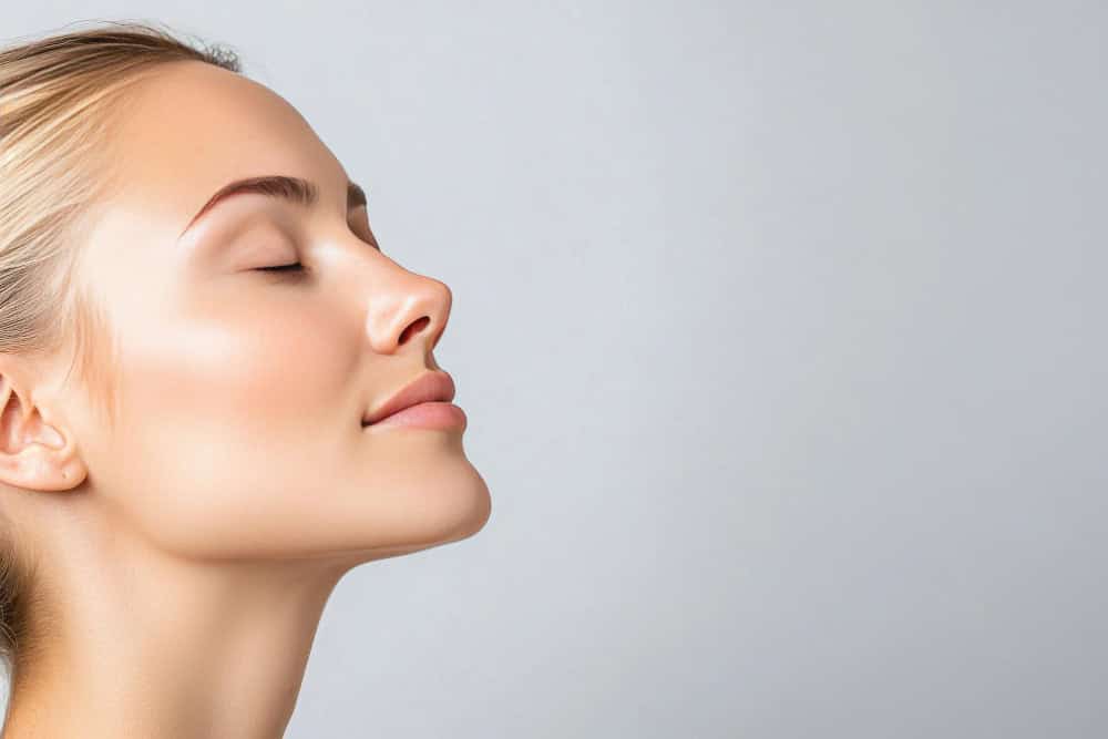 Close-up of a woman with flawless skin and relaxed expression.