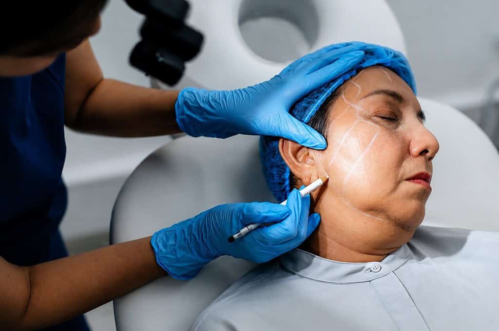 Doctor preparing patient for facelift surgery with markings and anesthesia.