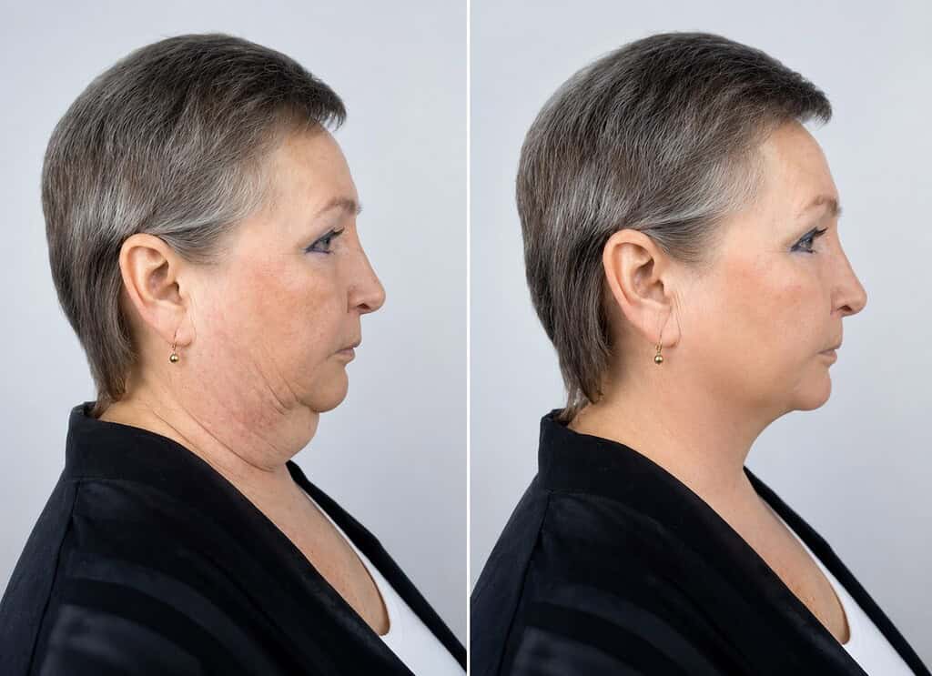 Side-by-side comparison of facelift results for a mature woman.