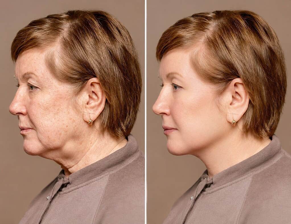 Before and after facelift showing skin tightening and rejuvenation.