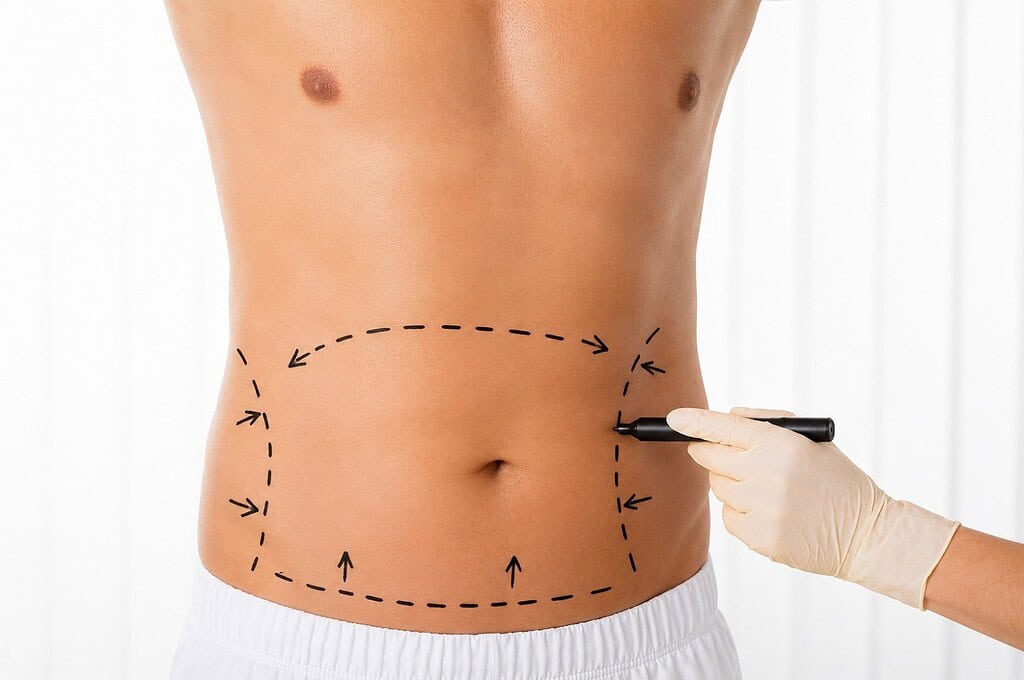 Doctor marking patient's abdomen for liposuction treatment.