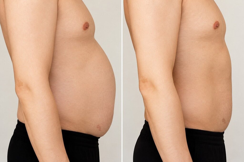 Male abdomen before and after liposuction treatment.