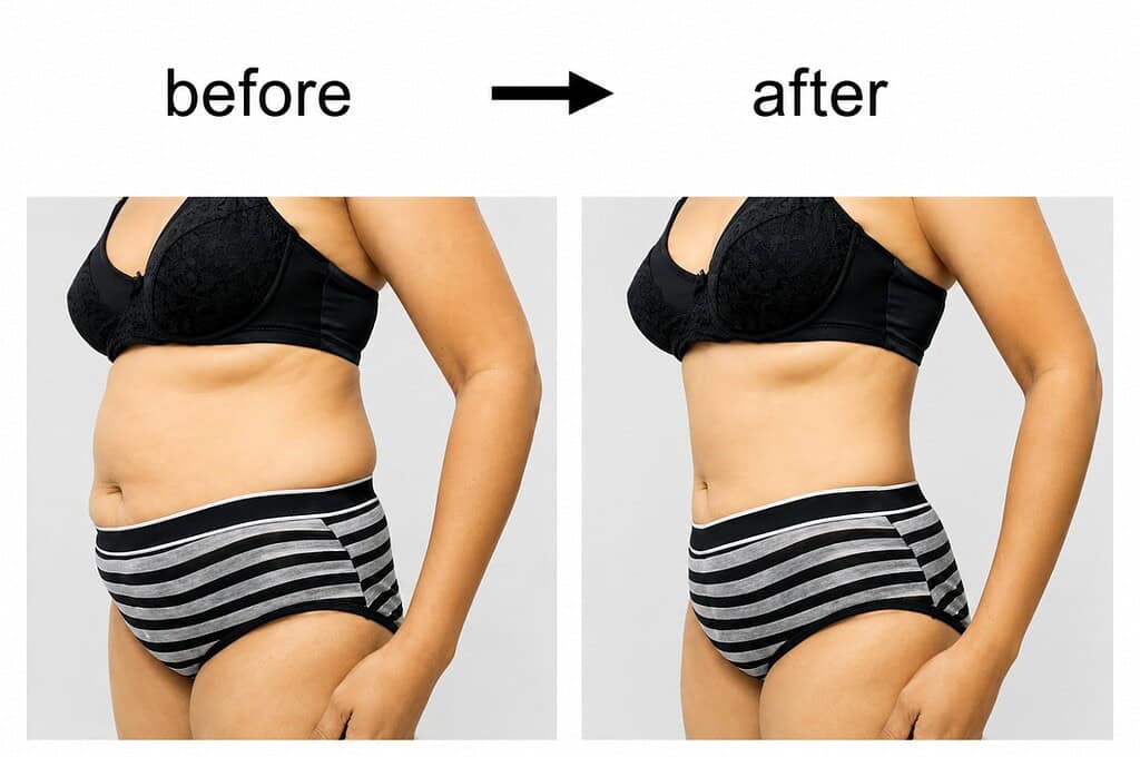 Woman's abdomen before and after abdominoplasty procedure.
