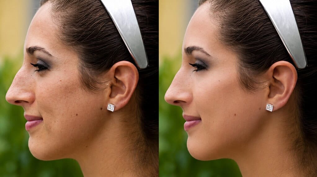 Side profile of woman showing improved nose shape after rhinoplasty.