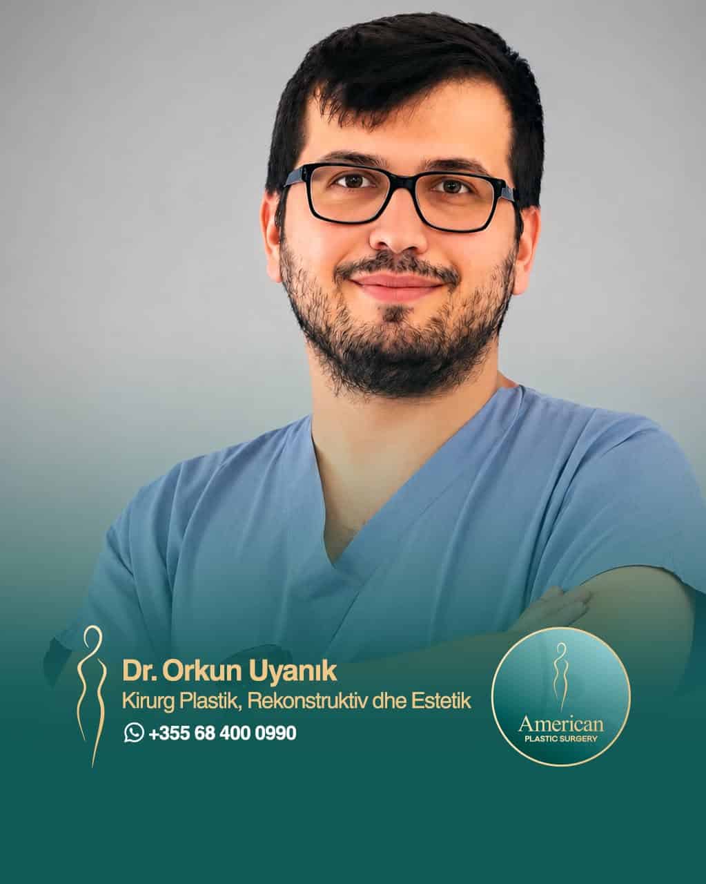 Plastic surgeon Dr. Orkun Uyanik in scrubs with glasses smiling at the camera.